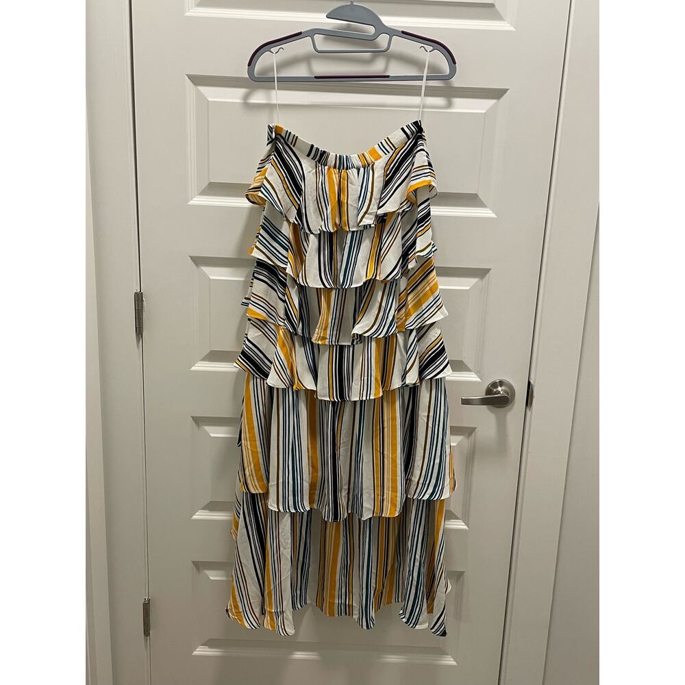REVE Add Flair Yellow Multi Stripe High-Low Maxi Skirt Tiered Ruffle Boho Med